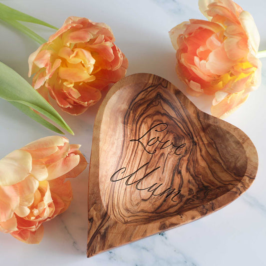 Heart shaped bowl made from olive wood with personal engraving
