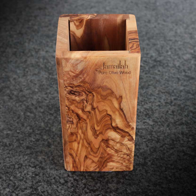 Cutlery container made from olive wood