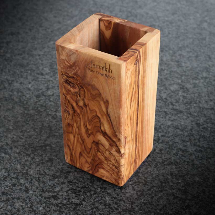 Cutlery container made from olive wood