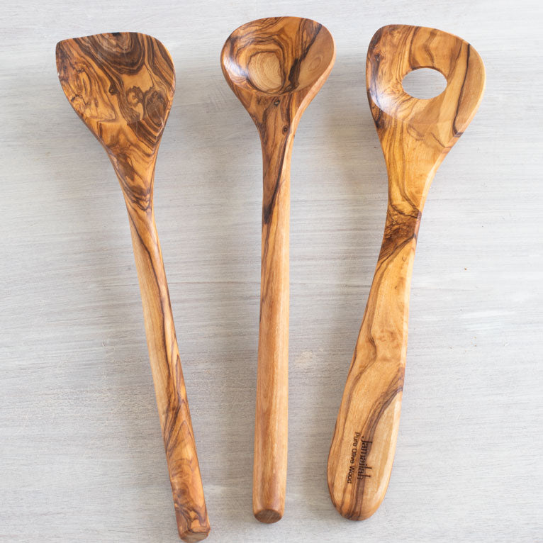 set of 3 cooking spoons made from olive wood