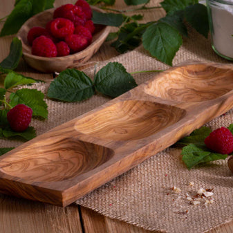 Snack serving board with 3 units made from olive wood