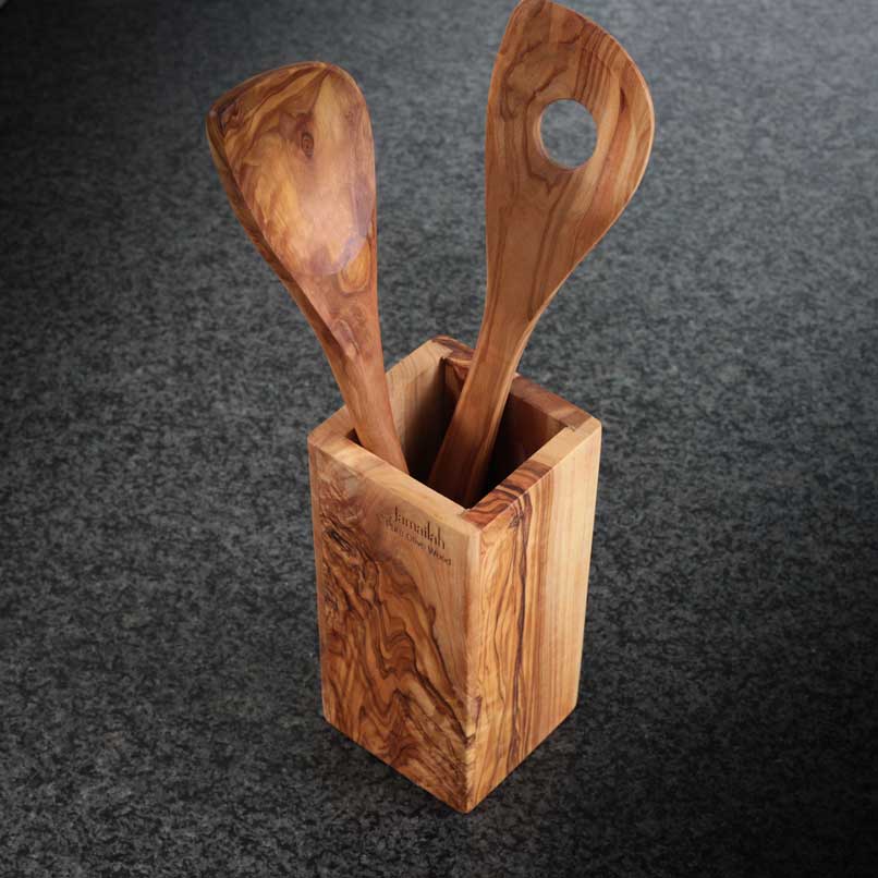 Cutlery container made from olive wood