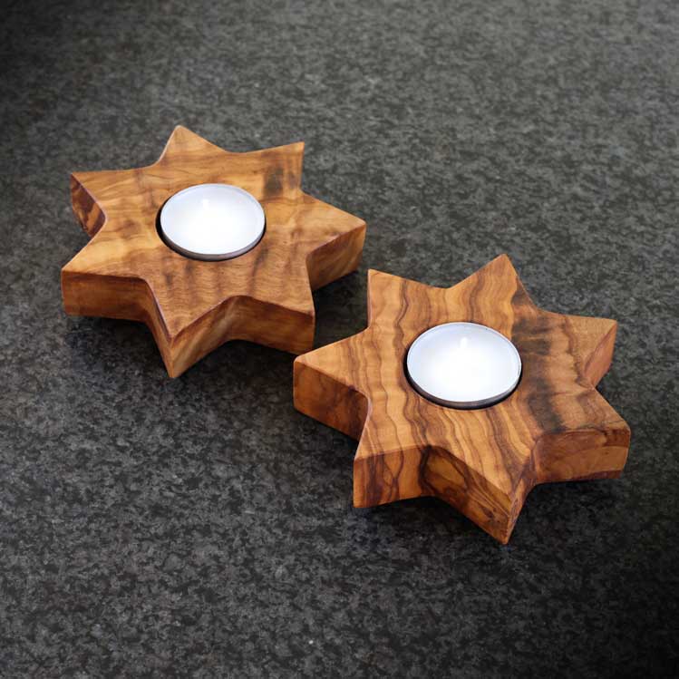 set of 2 star candle holders handcrafted from olive wood